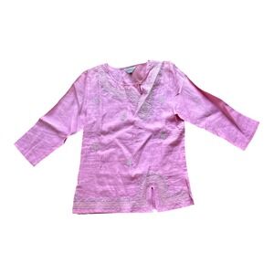 Champsely Couture Pink Linen Embroidered Tunic Kurti Top Sz 36, 3/4 Sleeve